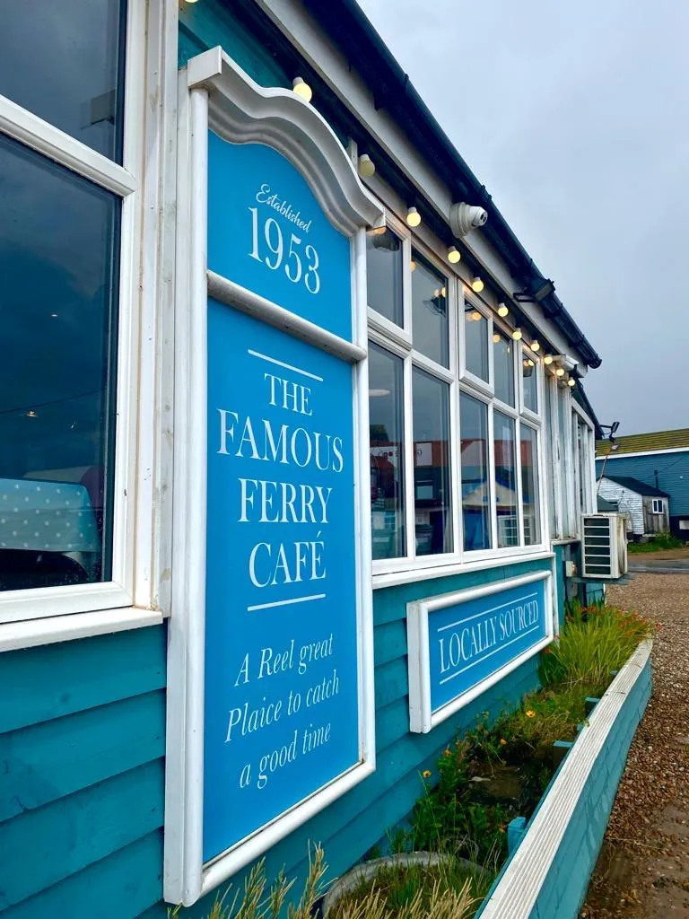 The Famous Ferry Cafe exterior sign at Felixstowe Ferry, established 1953, a reel great plaice to catch a good time