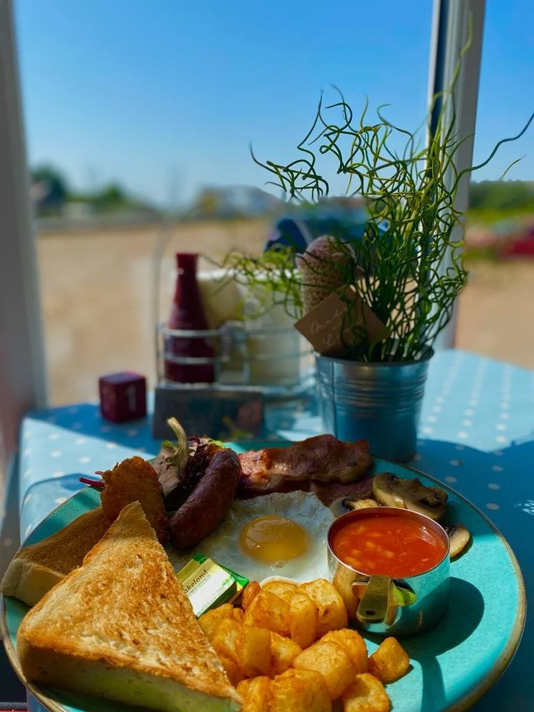 Full English breakfast with seaside view at The Ferry Cafe, Felixstowe